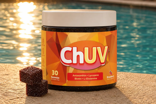 The science of a warm glow: ChUV tanning gummies beside a sunny poolside setting with golden afternoon light