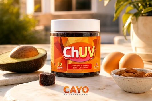 ChUV tanning gummy supplement jar on a sunny breakfast table with avocado and eggs illustrating why tanning gummies work better with a fatty meal
