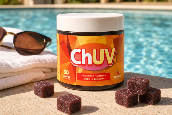 ChUV tanning gummies jar on pool deck illustrating tanning gummies vs carotene pills comparison