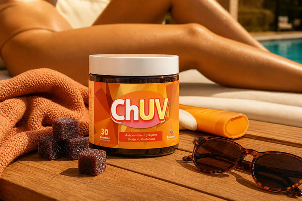 Woman lounging with legs extended near a poolside table holding ChUV tanning gummies and sunscreen in warm golden sunlight, illustrating why hands and legs tan slower